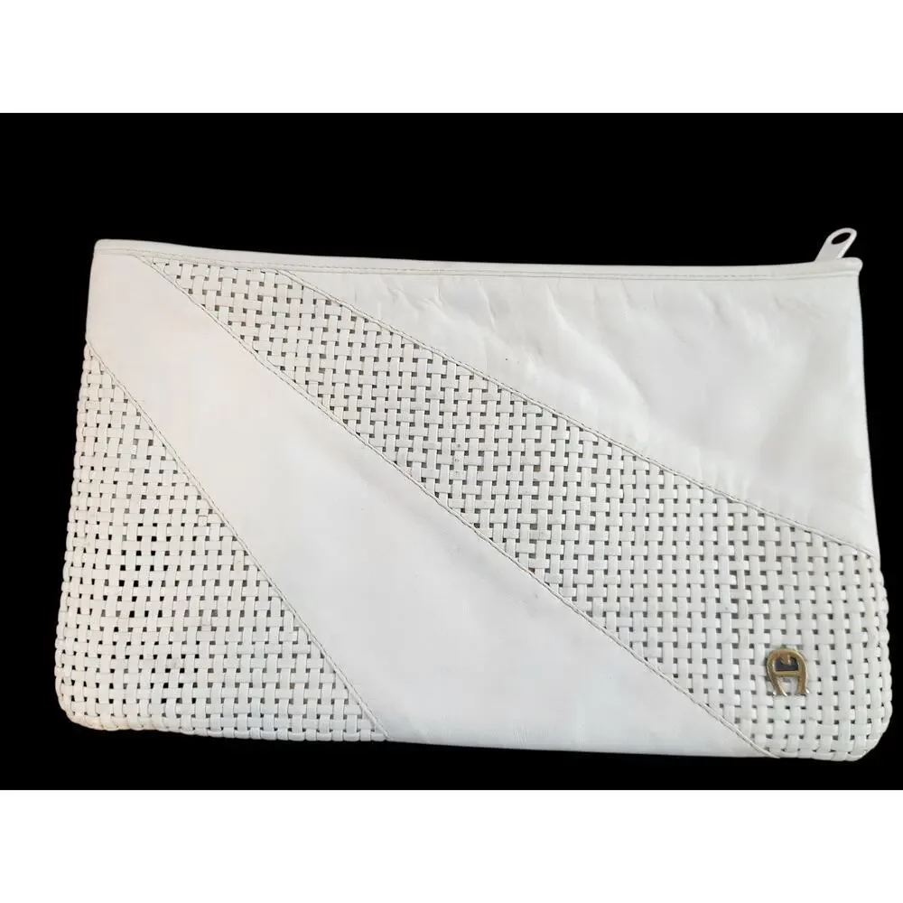 Etienne Aigner vintage‎ clutch bag purse white woven & smooth leather zip